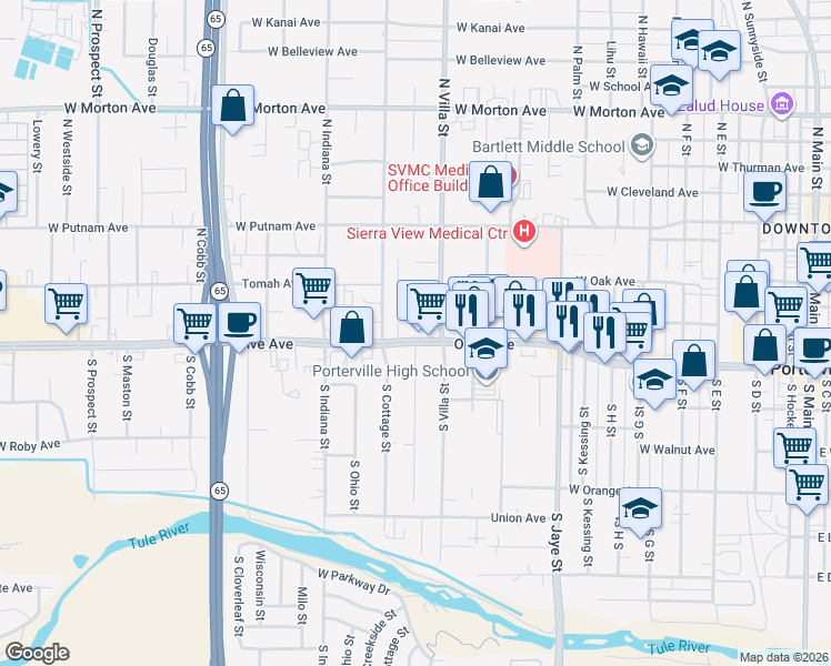 map of restaurants, bars, coffee shops, grocery stores, and more near 610 West Olive Avenue in Porterville