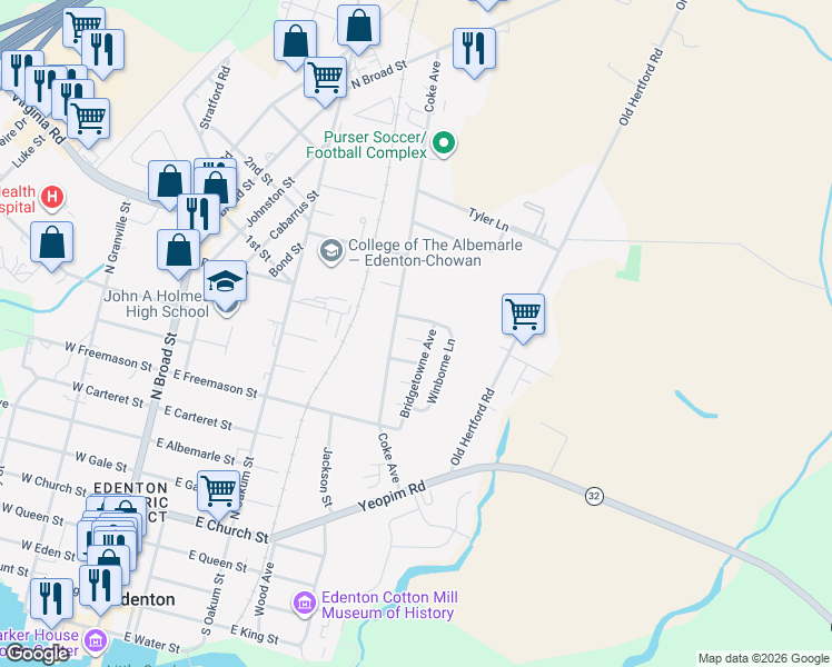 map of restaurants, bars, coffee shops, grocery stores, and more near 104 Belvedere Lane in Edenton