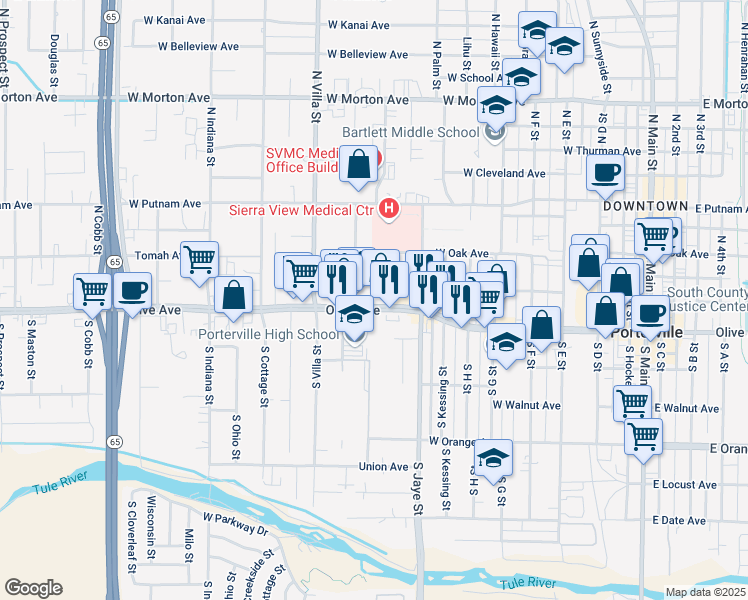 map of restaurants, bars, coffee shops, grocery stores, and more near 492 West Olive Avenue in Porterville