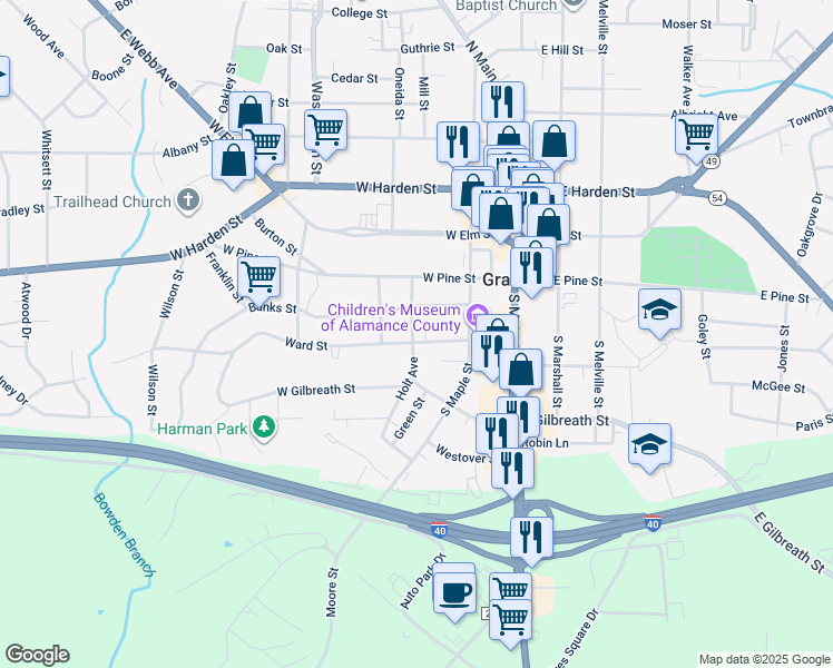 map of restaurants, bars, coffee shops, grocery stores, and more near 223 Ward Street in Graham