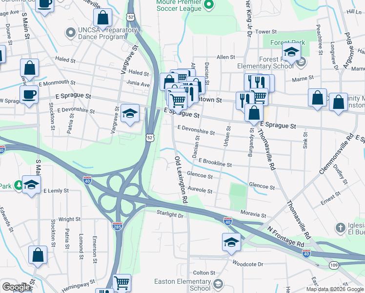 map of restaurants, bars, coffee shops, grocery stores, and more near 618 Goldfloss Street in Winston-Salem