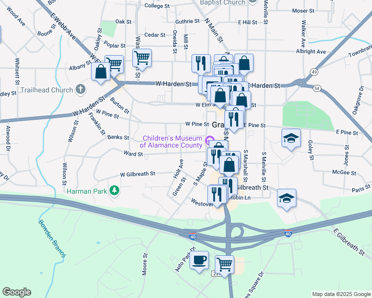 map of restaurants, bars, coffee shops, grocery stores, and more near 219 Ward Street in Graham