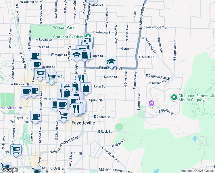 map of restaurants, bars, coffee shops, grocery stores, and more near East Dickson Street in Fayetteville