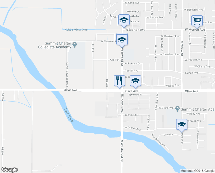 map of restaurants, bars, coffee shops, grocery stores, and more near 15222 Road 223 in Porterville