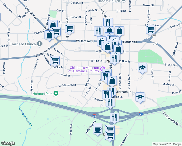 map of restaurants, bars, coffee shops, grocery stores, and more near 219 Ward Street in Graham