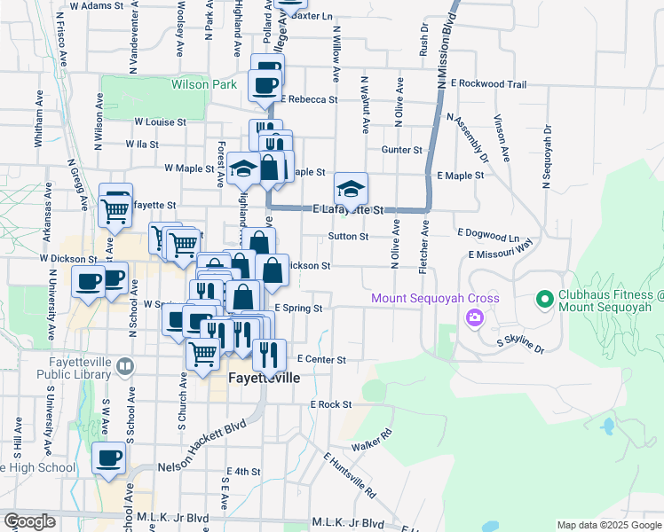 map of restaurants, bars, coffee shops, grocery stores, and more near East Dickson Street in Fayetteville