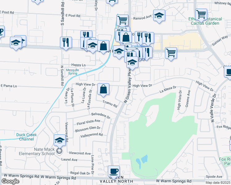 map of restaurants, bars, coffee shops, grocery stores, and more near 2407 Bonita Lane in Henderson