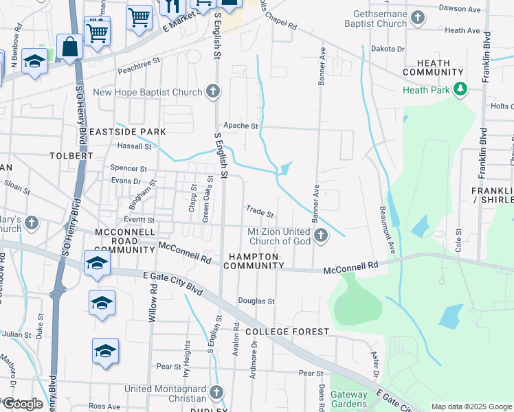 map of restaurants, bars, coffee shops, grocery stores, and more near 2225 Trade Street in Greensboro