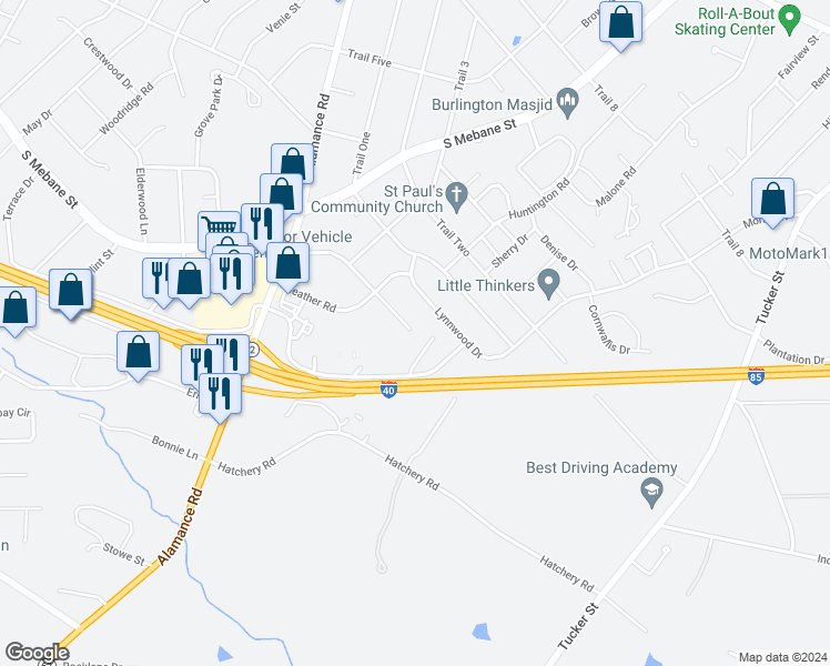 map of restaurants, bars, coffee shops, grocery stores, and more near 2804 Eldermont Street in Burlington