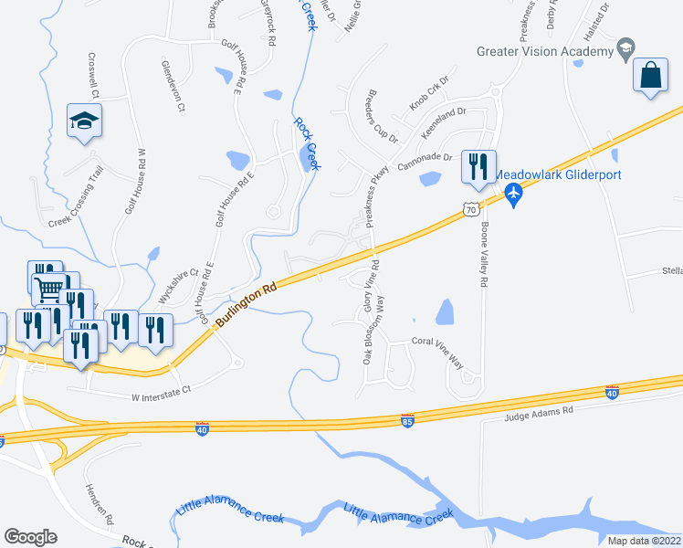 map of restaurants, bars, coffee shops, grocery stores, and more near 6305 Bermuda Way in Whitsett