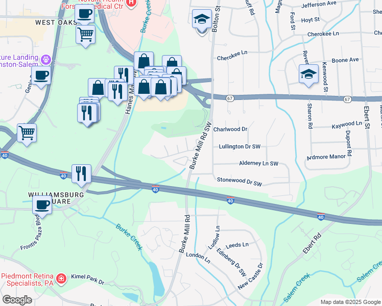 map of restaurants, bars, coffee shops, grocery stores, and more near 168 Charlestowne Circle in Winston-Salem