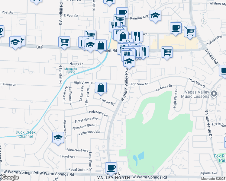 map of restaurants, bars, coffee shops, grocery stores, and more near 2407 Bonita Lane in Henderson