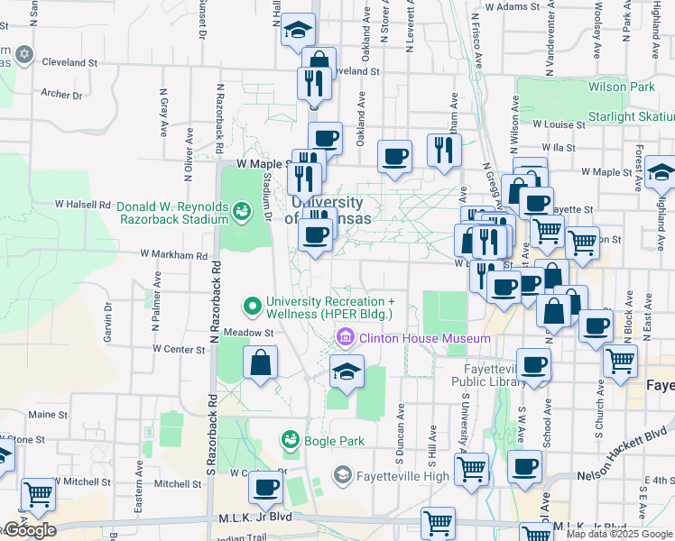 map of restaurants, bars, coffee shops, grocery stores, and more near 280 North McIlroy Avenue in Fayetteville