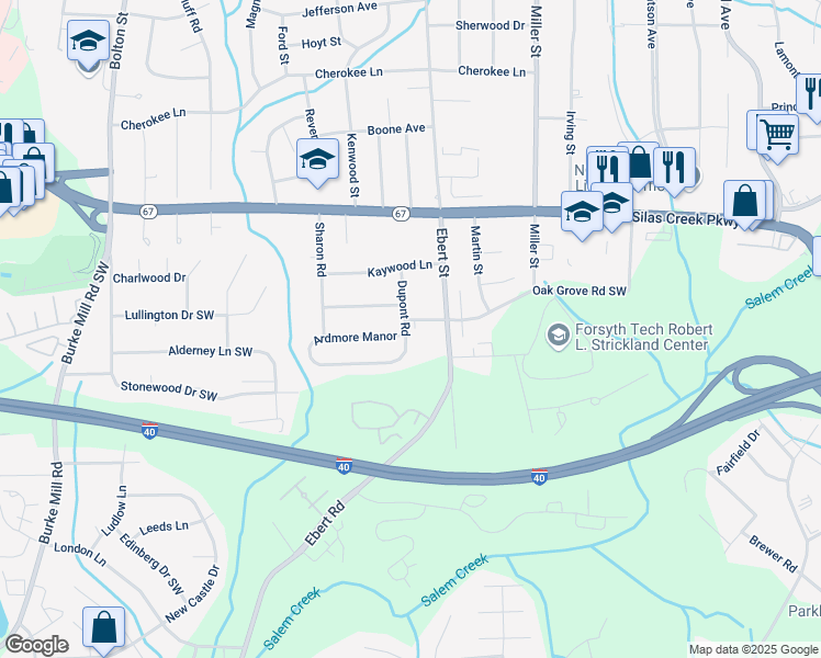 map of restaurants, bars, coffee shops, grocery stores, and more near 1112 Oak Grove Road in Winston-Salem