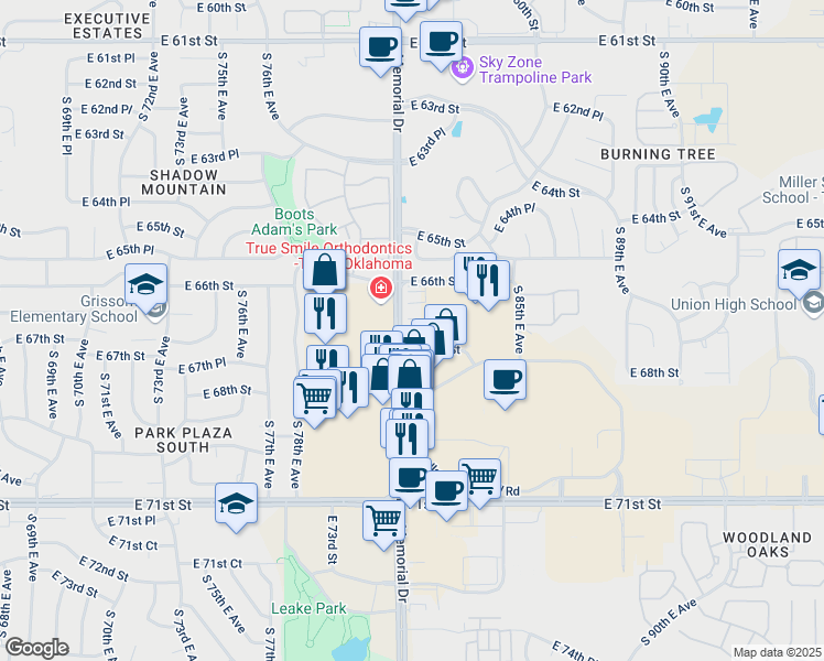 map of restaurants, bars, coffee shops, grocery stores, and more near 6701 South Memorial Drive in Tulsa