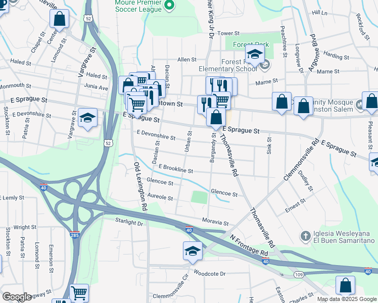 map of restaurants, bars, coffee shops, grocery stores, and more near 817 Goldfloss Street in Winston-Salem