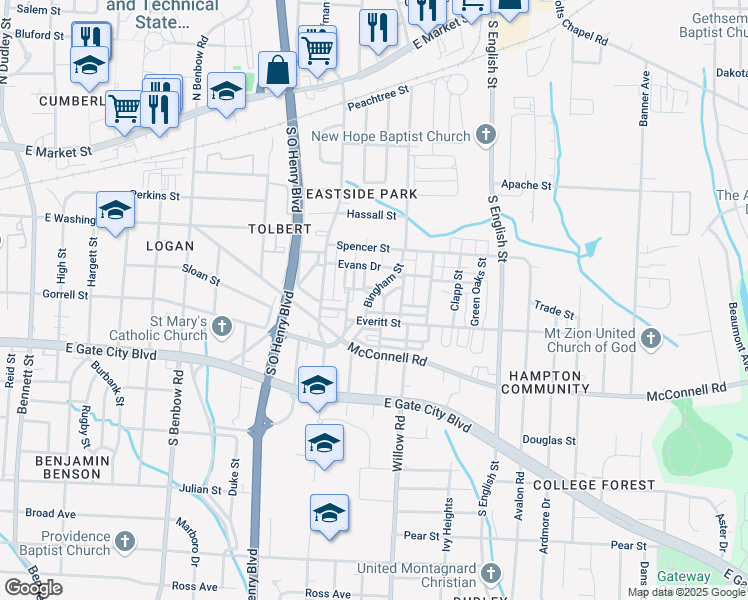 map of restaurants, bars, coffee shops, grocery stores, and more near 705 Bingham Street in Greensboro