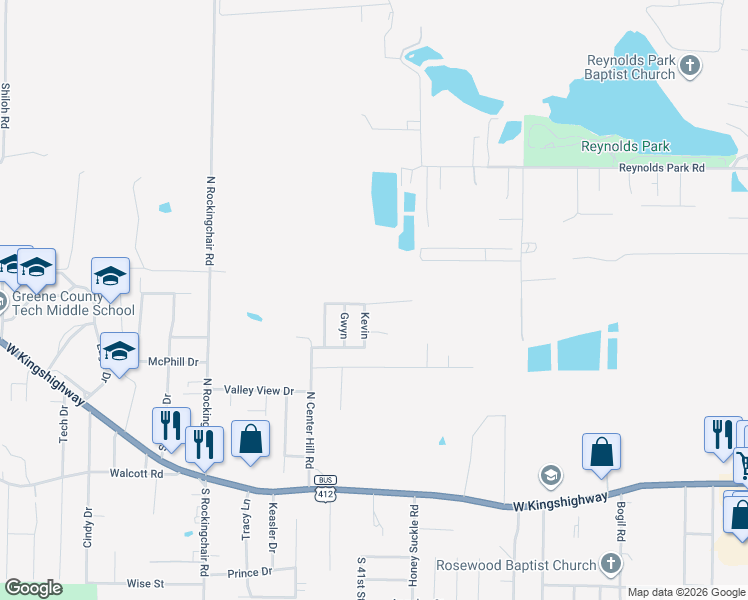 map of restaurants, bars, coffee shops, grocery stores, and more near 610 Kevin in Paragould