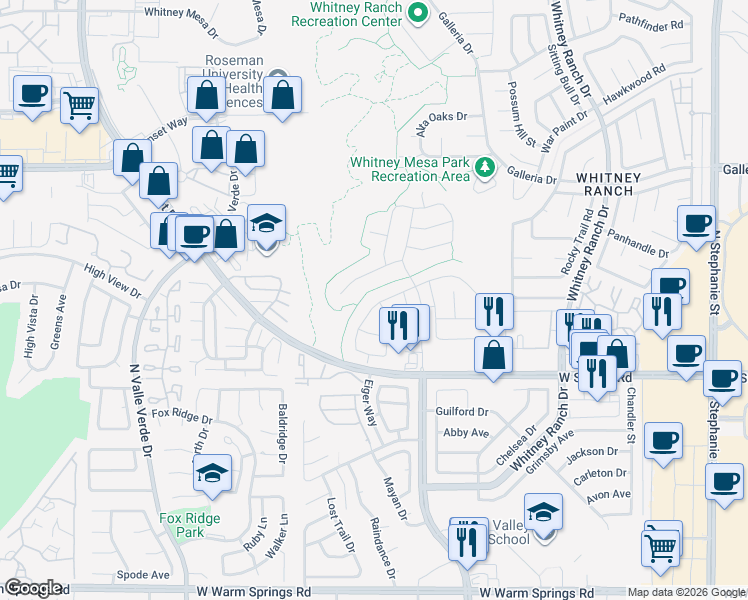 map of restaurants, bars, coffee shops, grocery stores, and more near 799 Flowing Meadow Drive in Henderson