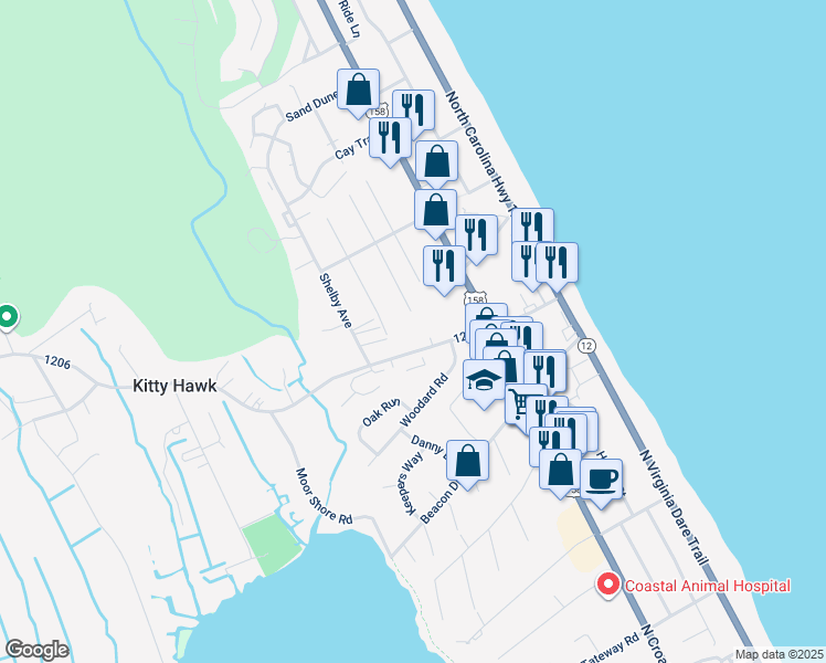 map of restaurants, bars, coffee shops, grocery stores, and more near 212 West Kitty Hawk Road in Kitty Hawk