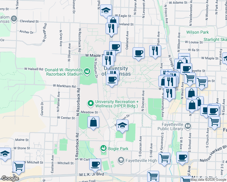 map of restaurants, bars, coffee shops, grocery stores, and more near in Fayetteville