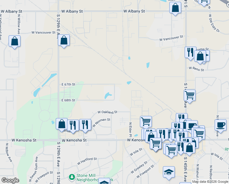map of restaurants, bars, coffee shops, grocery stores, and more near 6712 South 136th East Avenue in Broken Arrow
