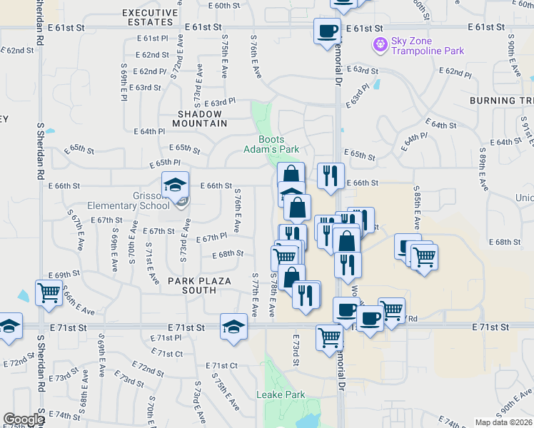 map of restaurants, bars, coffee shops, grocery stores, and more near 6718 South 78th East Avenue in Tulsa