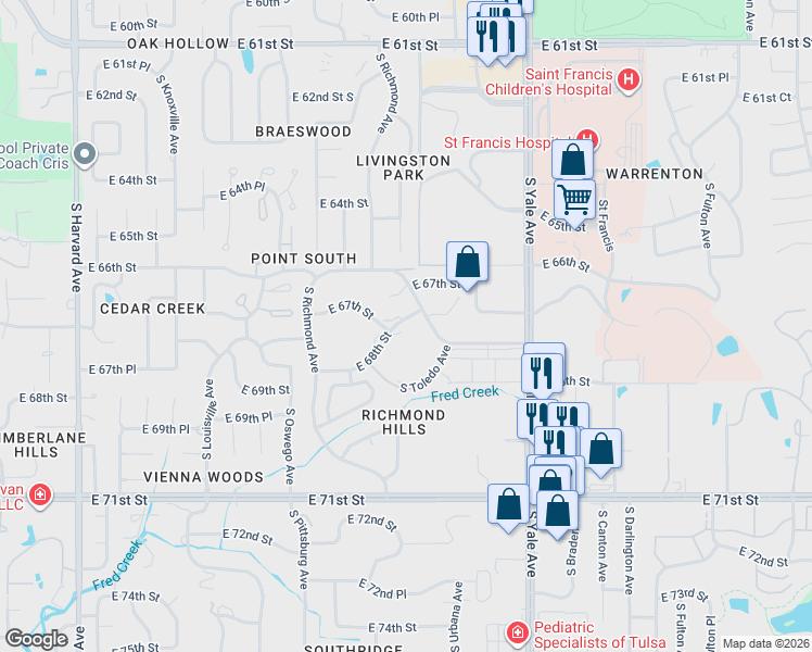 map of restaurants, bars, coffee shops, grocery stores, and more near 4426 East 68th Street in Tulsa