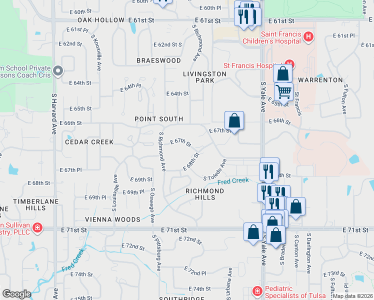 map of restaurants, bars, coffee shops, grocery stores, and more near 4422 East 68th Street in Tulsa