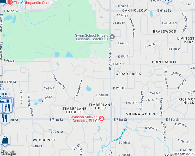 map of restaurants, bars, coffee shops, grocery stores, and more near 3150 East 67th Street in Tulsa