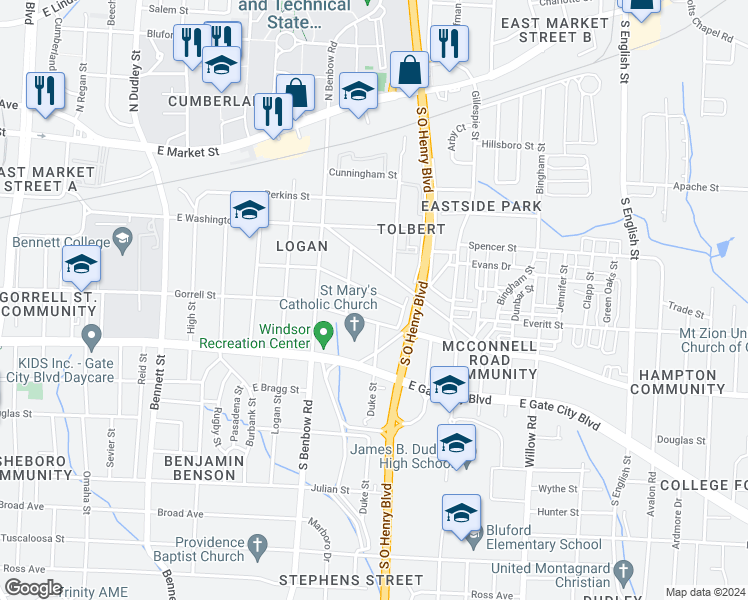 map of restaurants, bars, coffee shops, grocery stores, and more near 1514 Sloan Street in Greensboro
