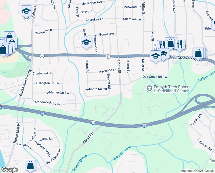 map of restaurants, bars, coffee shops, grocery stores, and more near 1112 Oak Grove Road in Winston-Salem