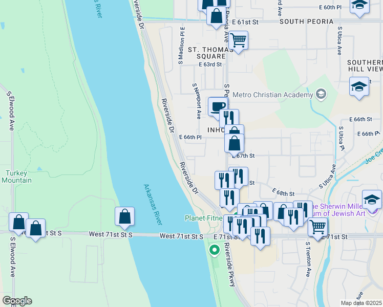 map of restaurants, bars, coffee shops, grocery stores, and more near 1005 East 67th Street in Tulsa