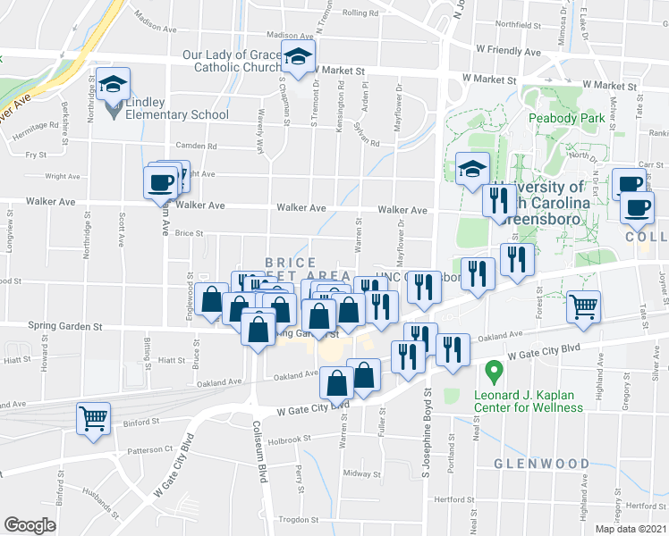 map of restaurants, bars, coffee shops, grocery stores, and more near 129 Poe Street in Greensboro