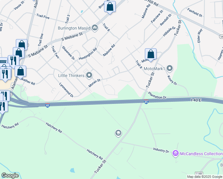 map of restaurants, bars, coffee shops, grocery stores, and more near 2415 Wimbledon Circle in Burlington