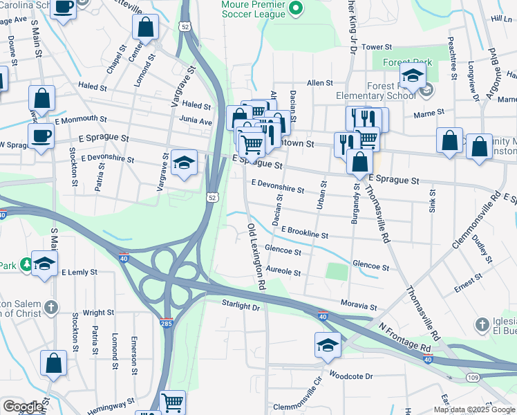 map of restaurants, bars, coffee shops, grocery stores, and more near 618 Goldfloss Street in Winston-Salem