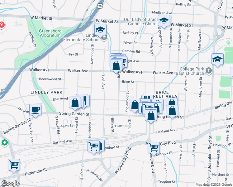 map of restaurants, bars, coffee shops, grocery stores, and more near 724 South Elam Avenue in Greensboro