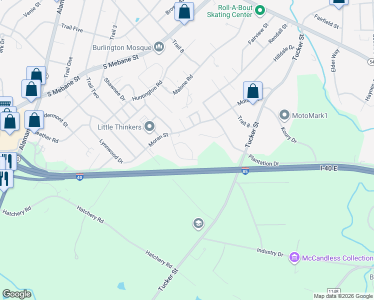 map of restaurants, bars, coffee shops, grocery stores, and more near 2415 Wimbledon Circle in Burlington