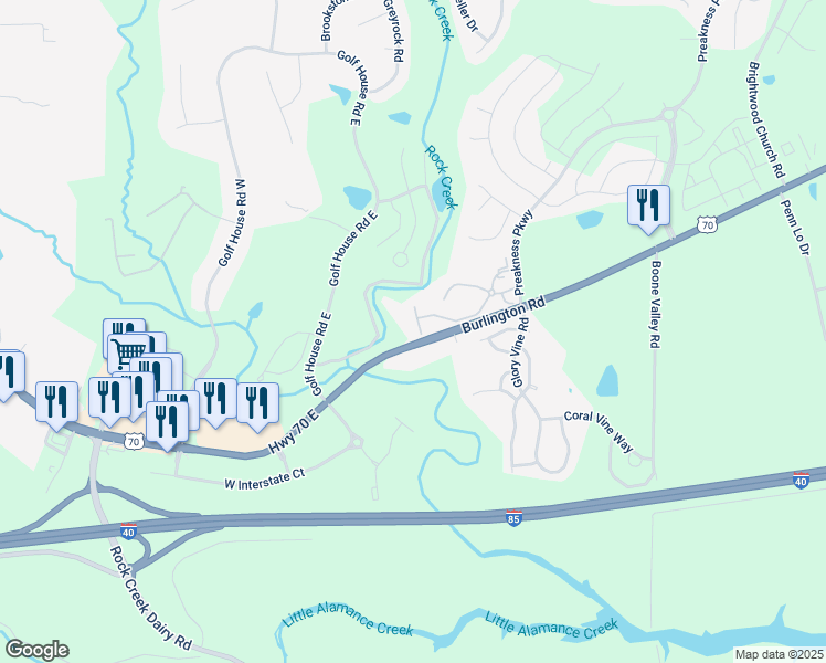 map of restaurants, bars, coffee shops, grocery stores, and more near 801 Meadow Edge Trail in Whitsett
