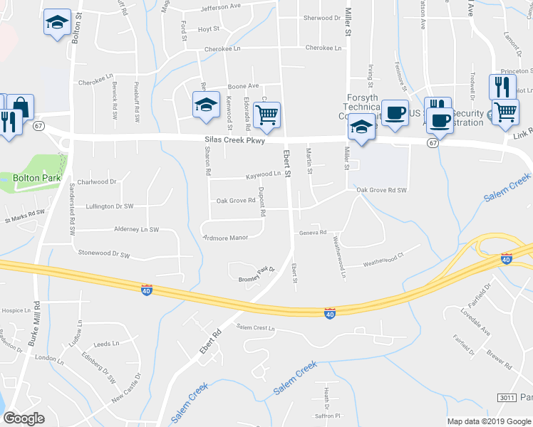 map of restaurants, bars, coffee shops, grocery stores, and more near 1112 Oak Grove Road in Winston-Salem