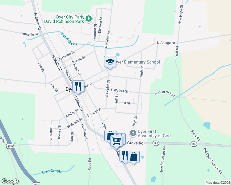 map of restaurants, bars, coffee shops, grocery stores, and more near 245 Hull Street in Dyer