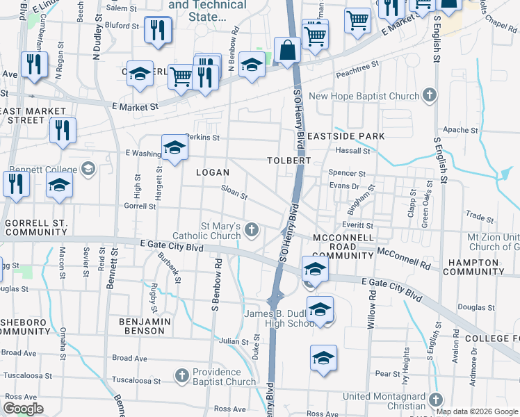 map of restaurants, bars, coffee shops, grocery stores, and more near 1411 Gorrell Street in Greensboro