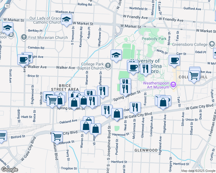 map of restaurants, bars, coffee shops, grocery stores, and more near 528 South Josephine Boyd Street in Greensboro