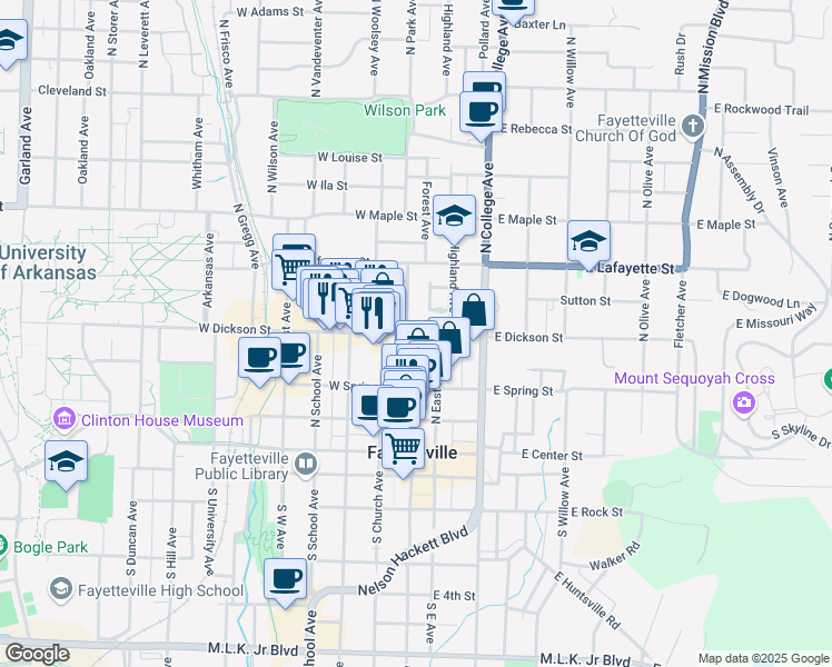 map of restaurants, bars, coffee shops, grocery stores, and more near in Fayetteville