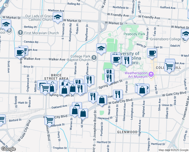 map of restaurants, bars, coffee shops, grocery stores, and more near 528 South Josephine Boyd Street in Greensboro