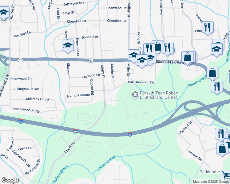 map of restaurants, bars, coffee shops, grocery stores, and more near 1801 Geneva Road in Winston-Salem
