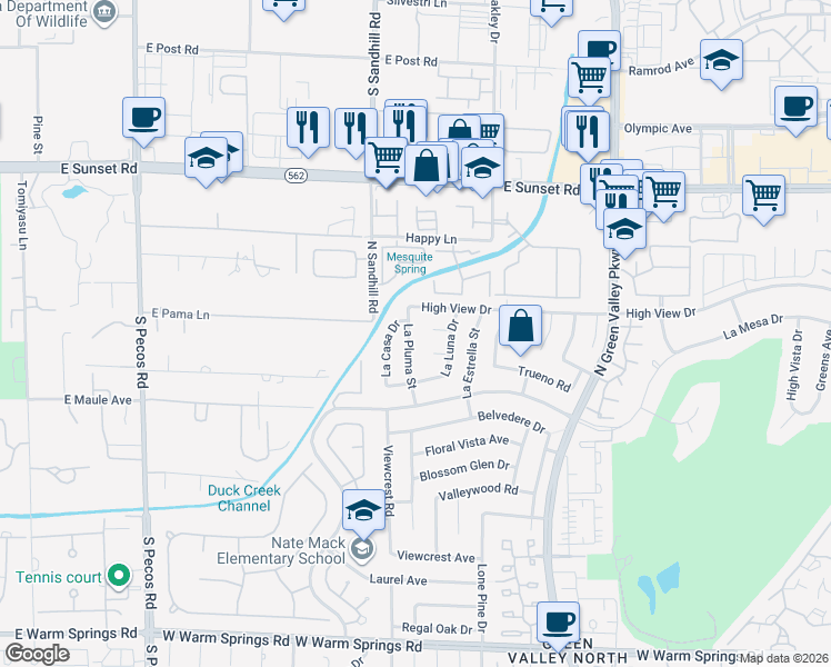 map of restaurants, bars, coffee shops, grocery stores, and more near 2417 La Pluma Street in Henderson