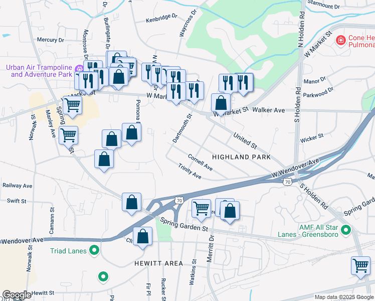 map of restaurants, bars, coffee shops, grocery stores, and more near 4402 Cornell Avenue in Greensboro