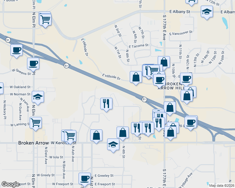 map of restaurants, bars, coffee shops, grocery stores, and more near 510 East Madison Street North in Broken Arrow