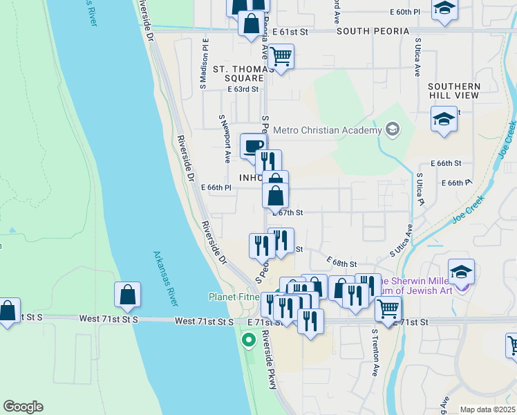 map of restaurants, bars, coffee shops, grocery stores, and more near 6662 South Peoria Avenue in Tulsa